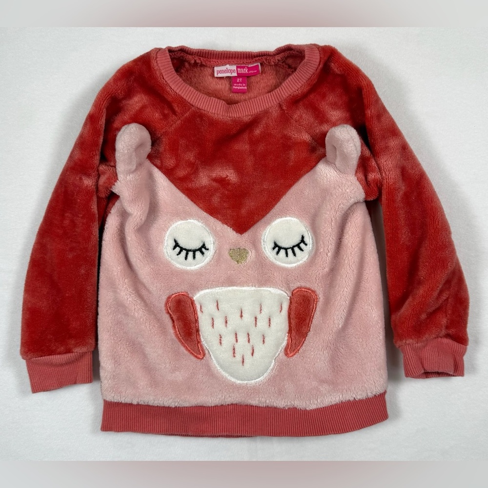 PENELOPE MACK Toddler Girl’s Faux Fur 3D Owl Sweatshirt Cozy Woodland Size 2T